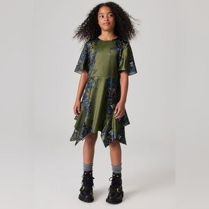SmAllSaints Olive Green with Blue Butterfly Flowy Fairycore Dress Girls 8-9Y